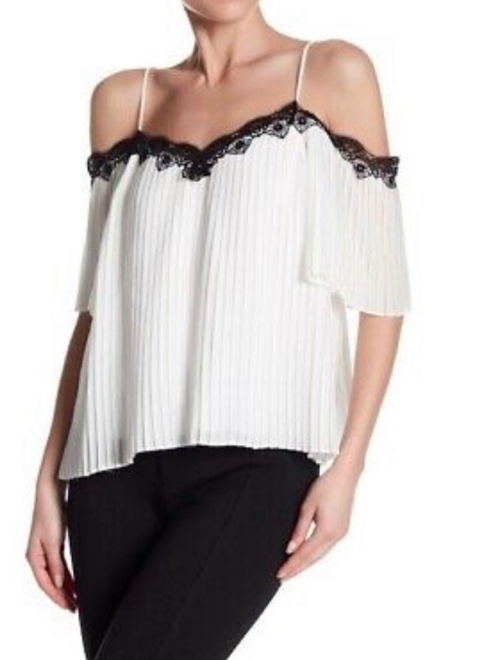 Alice + Olivia Pleated Cold Shoulder Top with Black Lace Trim XS